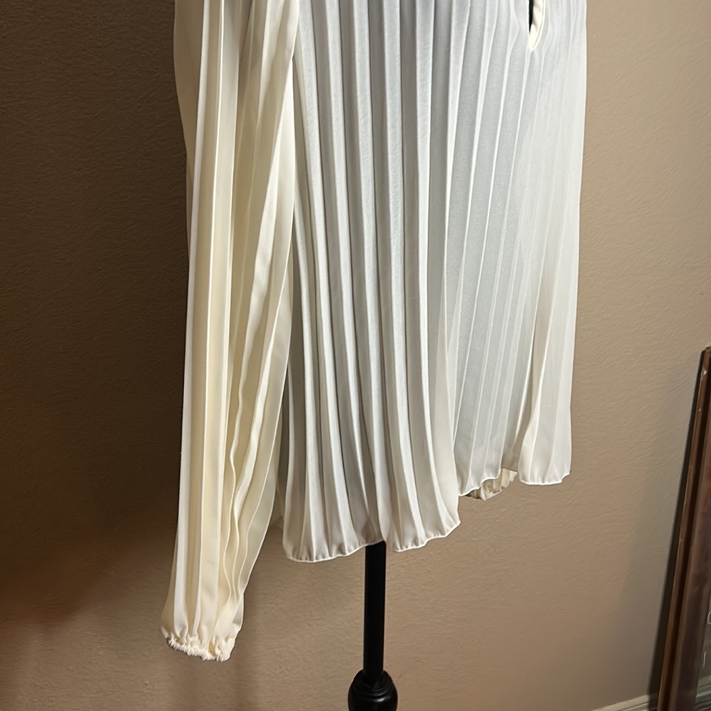 Cream Pleated Chiffon Long-sleeve Blouse - Picture 3 of 6